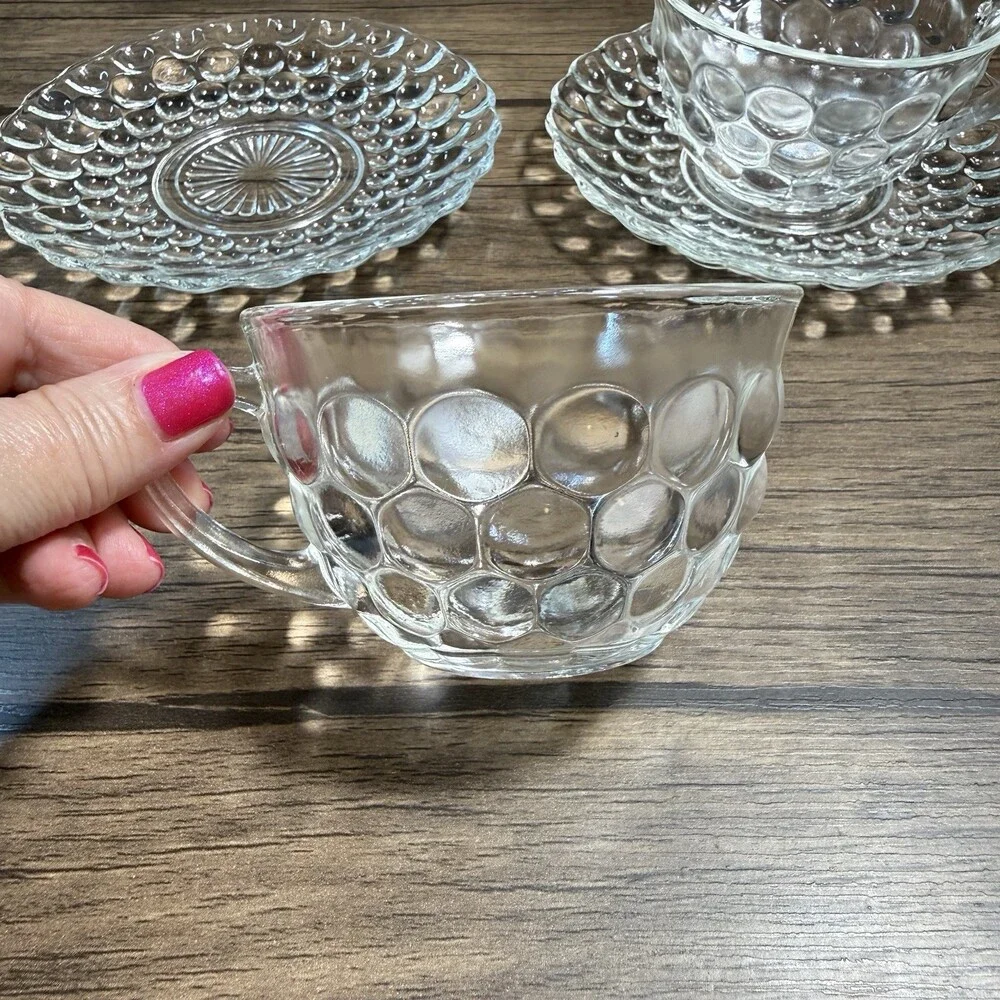 Anchor Hocking Clear Bubble Pattern Glass Cup & Saucer 2 Sets